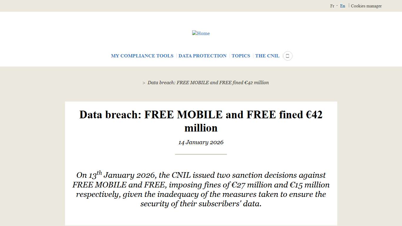 Data breach: FREE MOBILE and FREE fined €42 million CNIL
